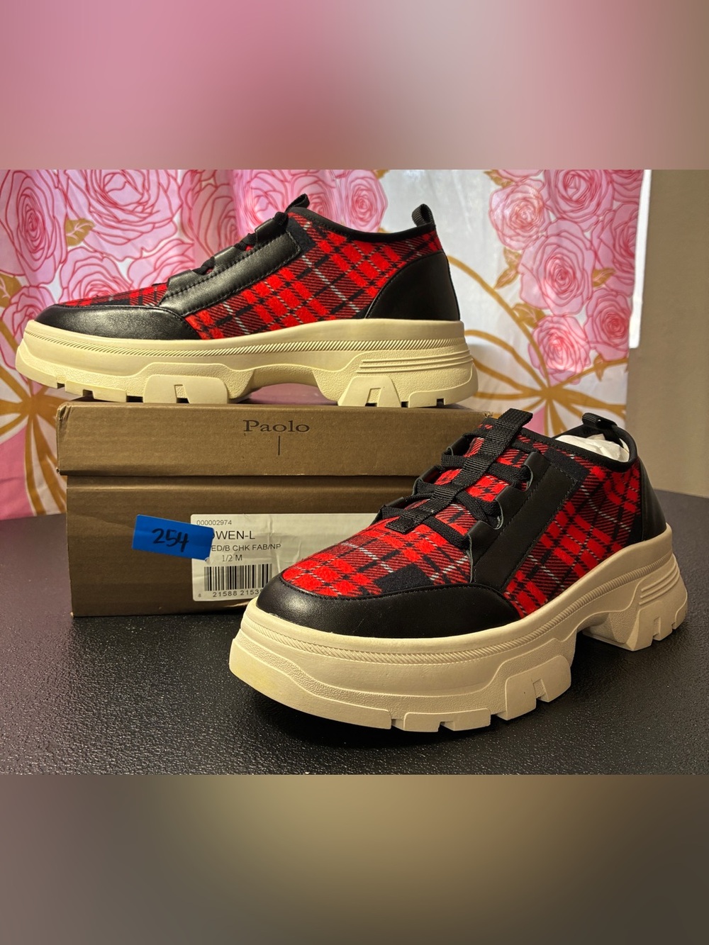 Paolo Rowen-L Red Plaid Platform Sneakers with Black Trim